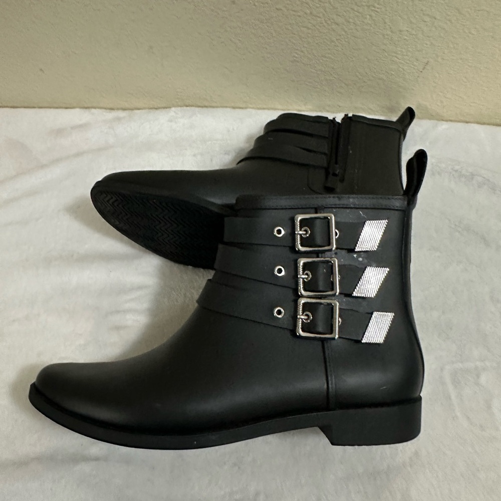 Loeffler Randall Black rubber Boots with Triple Buckle